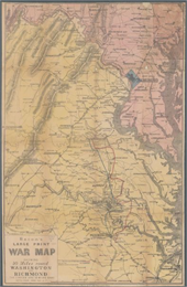 Map of eastern Virginia and part of Maryland, showing engagements by crossed swords, fortifications surrounding Richmond, routes of the opposing armies from Fredericksburg to Petersburg.