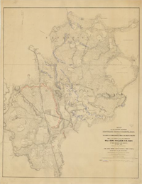 his map of the area between Monterey, Tennessee, and Corinth, Mississippi, shows Union lines of entrenchment in blue and Confederate lines around Corinth in red.