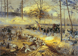 "Battle of Chickamauga", an oil painting depicting a dramatic moment in the Battle of Chickamauga, painted by Alfred Thorsen after the lithograph.