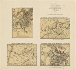 Three panels illustrate the battlefield at Manassas during the Second Battle of Bull Run