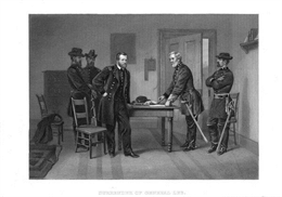 An engraving from a painting of Robert E. Lee signing the document that would end the war between the states in the presence of Ulysses S. Grant and their aides at Appomattox.