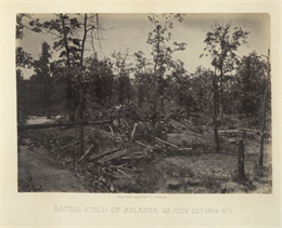 An empty battlefield with debris among trees.