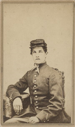 Seated carte-de-visite portrait of James D. Butler, Jr., Company F, 44th Wisconsin Infantry, in his uniform.