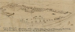 A sketch of Camp Randall made from the top of University Building, May 20, 1864, by W.F. Brown of the 40th Wisconsin Volunteer Infantry Company B.