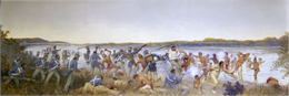 Painting by Cal Peters depicting the battle of Bad Axe at the Wisconsin River on August 2, 1832.