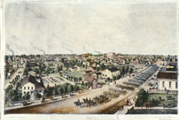 Birds-eye view of a Wisconsin Civil War regiment on parade in Fond du Lac, as drawn by Louis Kurz from the Marr Street Methodist Church.