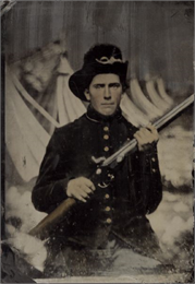Tintype and hand-colored portrait of John Hodges of La Fayette, Company I, 28th Wisconsin Infantry, holding his musket