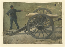 Oil on linen study of a Union Civil War soldier firing a cannon.