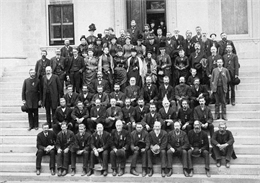 Group portrait of the 16th Wisconsin Infantry at the Wisconsin State Capitol, together with their wives and families, taken at their first reunion.