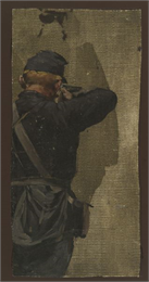 Oil on linen study of a Civil War soldier aiming a rifle, as seen from the rear.