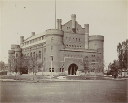 Exterior view from across Langdon Street of the Red Gym (Armory or Old Red) on the University of Wisconsin-Madison campus.