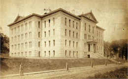 View across Park Street of Science Hall at the base of Bascom Hill on the University of Wisconsin Madison campus.