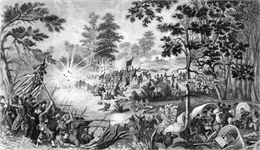 Steel engraving of the first major battle of the Civil War, fought in Virginia, near the Manassas, Virginia, railway junction, after which the battle is called.