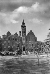 Black and white photograph of the exterior of the chapel at Saint Clara Academy.