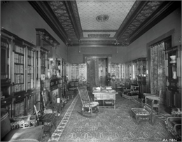 Interior of the home with a large private library featuring a fireplace and desk.
