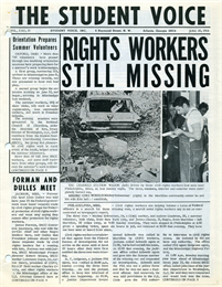 The front page of The Student Voice newspaper includes the headline, "Rights workers still missing"