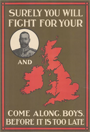 British poster with a circular framed portrait of the king dressed in a military uniform, and a red map of the United Kingdom.