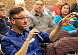 Jarrod Roll, Director of the Monroe County Local History Room, shares his thoughts about a concept exhibit design rendering for the new Wisconsin history museum during the "Share Your Voice" session April 17, 2019 at the La Crosse Public Library.