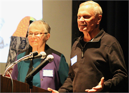 LaVonne McCombie, left, and Wayne Haut, co-presidents of the St Croix County Historical Society welcome guests to the "Share Your Voice" new museum listening session at the Phipps Center for the Arts in Hudson.
