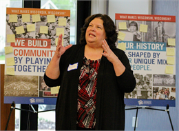 Alicia Goehring, Director of Special Projects and Interim Director of Outreach for the Wisconsin Historical Society, leads a discussion during the "Share Your Voice" new museum listening session May 30, 2019 in Eagle River.