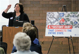 Alicia Goehring, Director of Special Projects and Interim Director of Outreach for the Wisconsin Historical Society, leads a discussion during the "Share Your Voice" new museum listening session June 5, 2019 in Eau Claire.