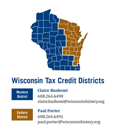 A map of the eastern and western preservation tax credit districts of Wisconsin