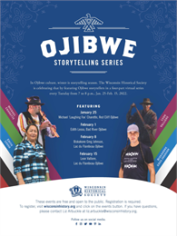 Poster for Ojibwe Storytelling Series featuring photos of four speakers on a blue background with abstract florals and eagle
