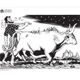 Paul Bunyan holding axe next  to a cow