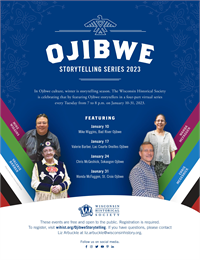 Poster for Ojibwe Storytelling Series featuring photos of four speakers on a blue background with abstract florals and eagle
