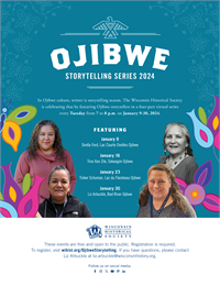 Poster for Ojibwe Storytelling Series featuring photos of four speakers on a blue background with abstract florals