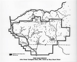 An outline is drawn on a map below the Wisconsin river. Below the map reads The Lead Region After Owens' Geological Chart, 1839; drawn by Mary Stuart Poster