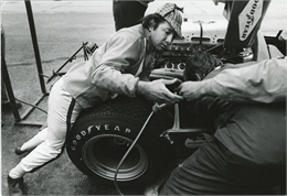 Veteran Formula 1 and sports car driver Pedro Rodríguez prepares his Ferrari 330 P4 for the 1968 Can-Am at Road America.