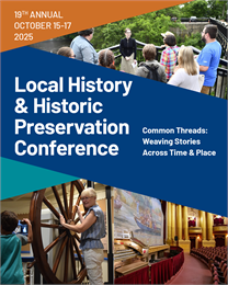 Promotional banner showing conference date and venue with images from H.H. Bennett Studio of tour guide in costume and from Al. Ringling Theatre interior