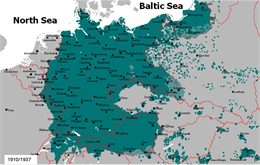 A historical map of German-speaking regions around the North Sea and Baltic Sea, with the dates 1910/1937 marked in the bottom left corner.