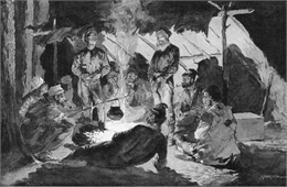 An engraving of voyageurs surrounding a campfire.