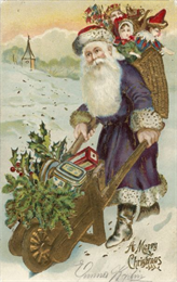 Holiday postcard depicts the traditional St. Nicholas figure garbed in a long purple fur trimmed robe, red fur trimmed hat and boots. He is pushing a wheelbarrow full of gifts, holly and pine boughs, and is wearing a basket on his back full of toys for children.