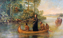 Pintura de óleo de Marquette e Joliet numa canoa.